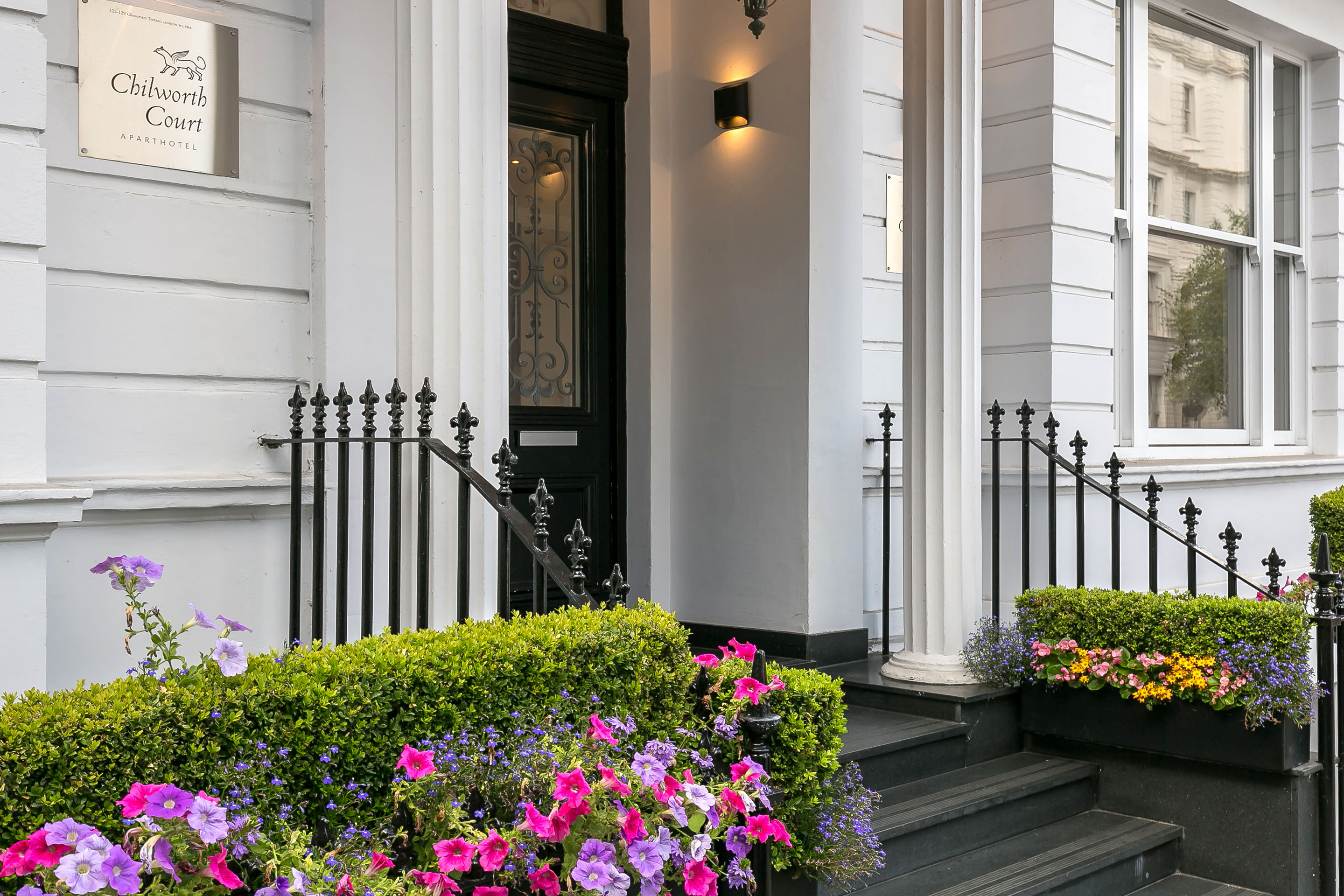 The pillared entrance of Chilworth Court on Gloucester Terrace, Bayswater