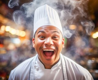 A professional male chef in his immaculate uniform and signature hat, lights up the kitchen with his infectious smile, bringing laughter and joy to the culinary space.